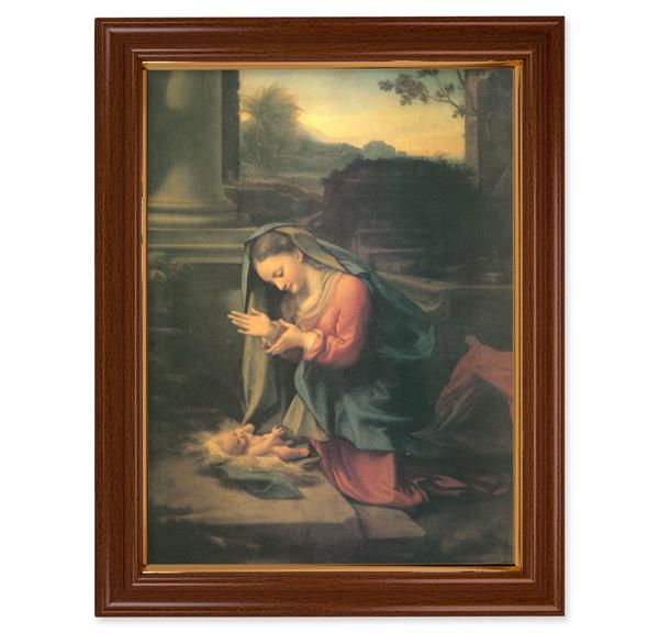 Corrreggio Our Lady Worshipping Child, 15-1/2"x19-1/2 Walnut Finish Frame with Thin Gold Lip, Textured Italian Print # 22234