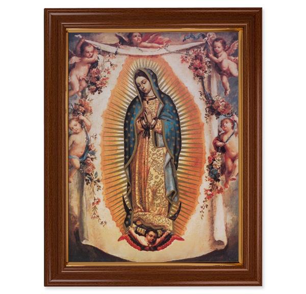 Our Lady of Guadalupe with Angels, 15-1/2"x19-1/2 Walnut Finish Frame with Thin Gold Lip, Textured Italian Print # 22240