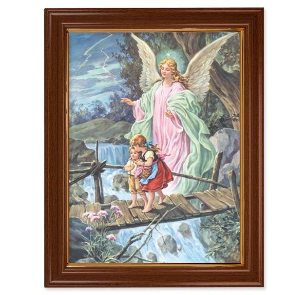 Guardian Angel Picture, 15-1/2"x19-1/2 Walnut Finish Frame with Thin Gold Lip, Textured Italian Print # 22249