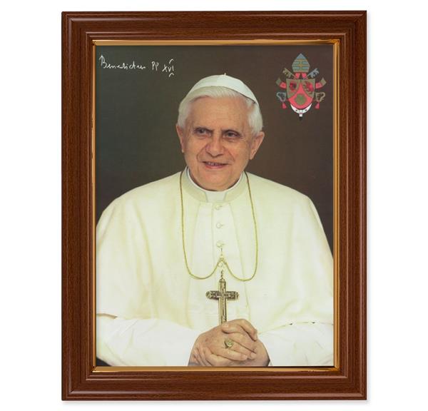 Pope Benedict XVI Picture, 15-1/2"x19-1/2 Walnut Finish Frame with Thin Gold Lip, Textured Italian Print # 22251