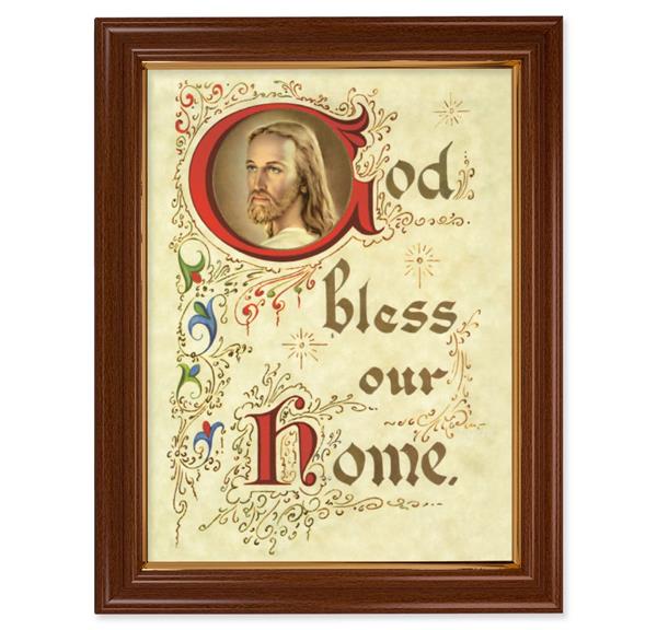 God Bless Our Home Picture, 15-1/2"x19-1/2 Walnut Finish Frame with Thin Gold Lip, Textured Italian Print # 22253