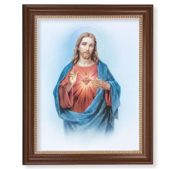Sacred Heart Picture, 13-1/2"x16-9/16 Walnut Finish Frame with Gold Beaded Lip, Textured Italian Print # 22255