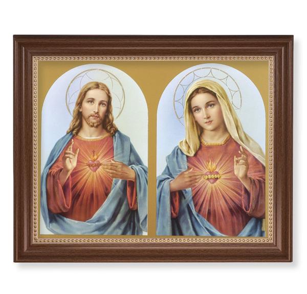 The Sacred Hearts Picture, 13-1/2"x16-9/16 Walnut Finish Frame with Gold Beaded Lip, Textured Italian Print # 22257