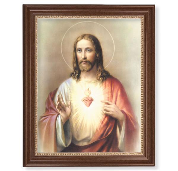 Sacred Heart of Jesus Picture, 13-1/2"x16-9/16 Walnut Finish Frame with Gold Beaded Lip, Textured Italian Print # 22258