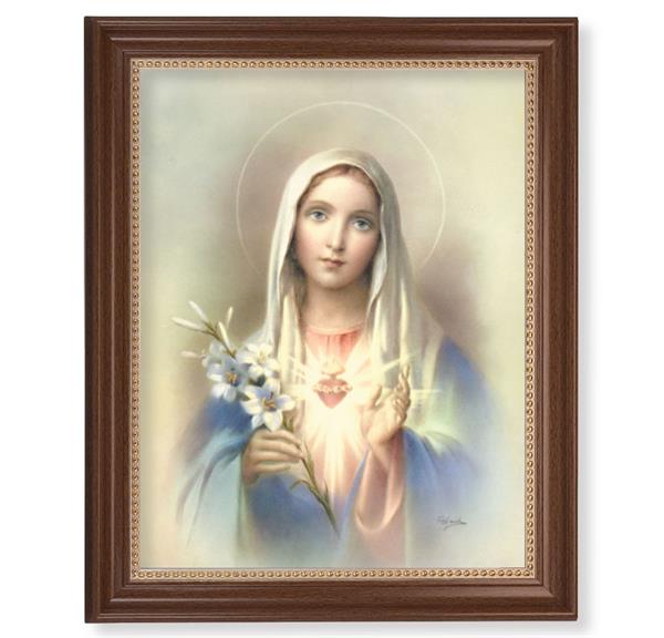 Immaculate Heart of Mary Picture, 13-1/2"x16-9/16 Walnut Finish Frame with Gold Beaded Lip, Textured Italian Print # 22259