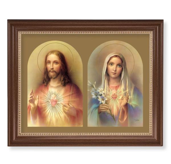 The Sacred Hearts Picture, 13-1/2"x16-9/16 Walnut Finish Frame with Gold Beaded Lip, Textured Italian Print # 22260