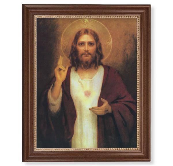 Chambers: Sacred Heart Picture, 13-1/2"x16-9/16 Walnut Finish Frame with Gold Beaded Lip, Textured Italian Print # 22261