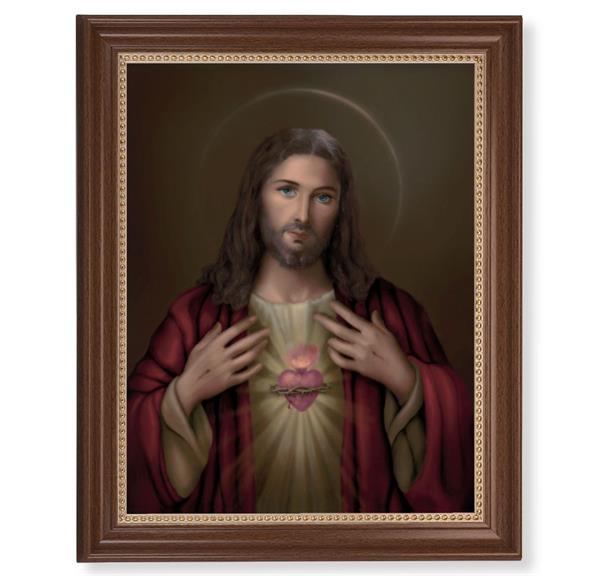 Sacred Heart Picture, 13-1/2"x16-9/16 Walnut Finish Frame with Gold Beaded Lip, Textured Italian Print # 22264
