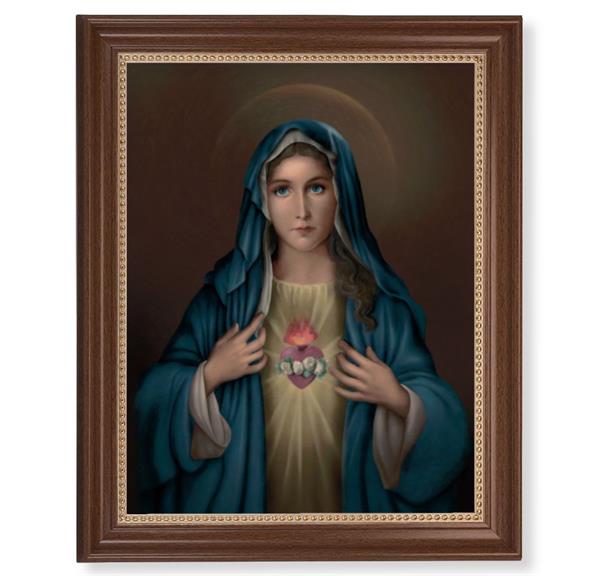 Immaculate Heart of Mary Picture, 13-1/2"x16-9/16 Walnut Finish Frame with Gold Beaded Lip, Textured Italian Print # 22265