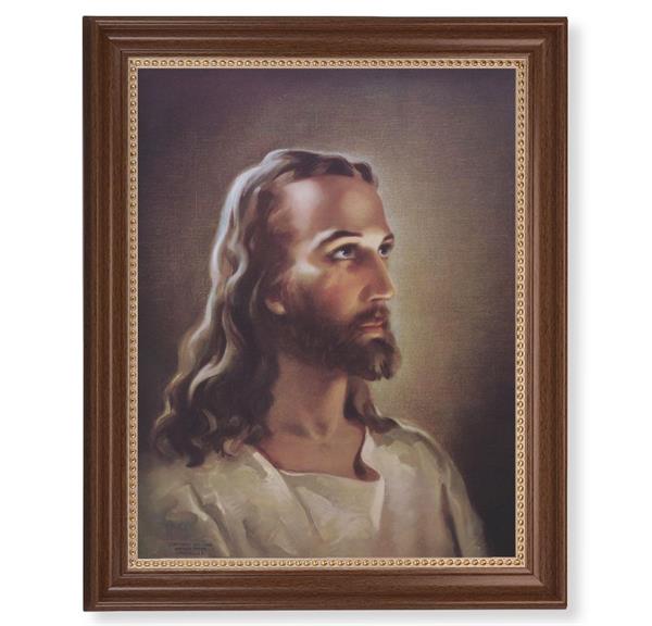 Sallman: Head of Christ Picture, 13-1/2"x16-9/16 Walnut Finish Frame with Gold Beaded Lip, Textured Italian Print # 22266