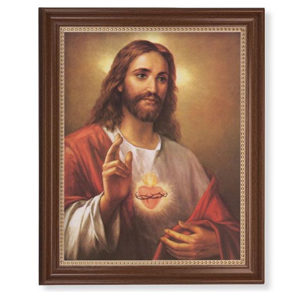 LaFuente: Sacred Heart Picture, 13-1/2"x16-9/16 Walnut Finish Frame with Gold Beaded Lip, Textured Italian Print # 22267