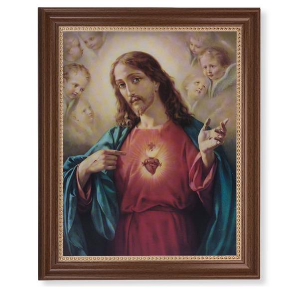 Sacred Heart Picture, 13-1/2"x16-9/16 Walnut Finish Frame with Gold Beaded Lip, Textured Italian Print # 22269