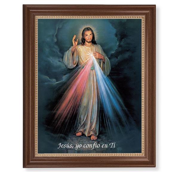 Spanish Divine Mercy Picture, 13-1/2"x16-9/16 Walnut Finish Frame with Gold Beaded Lip, Textured Italian Print # 22272