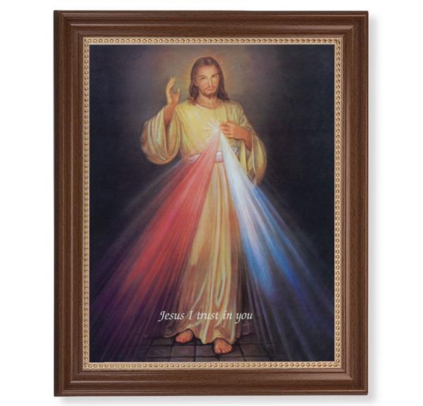 Divine Mercy Picture, 13-1/2"x16-9/16 Walnut Finish Frame with Gold Beaded Lip, Textured Italian Print # 22273