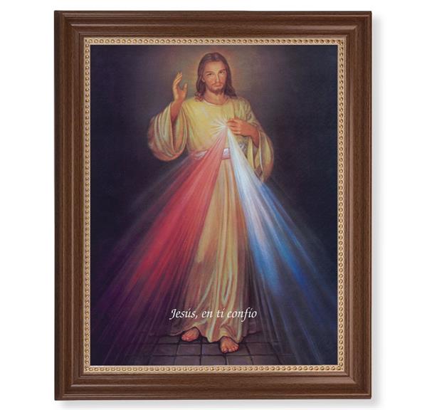 Spanish Divine Mercy Picture, 13-1/2"x16-9/16 Walnut Finish Frame with Gold Beaded Lip, Textured Italian Print # 22274