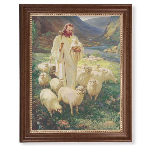 Sallman: The Good Shepherd Picture, 13-1/2"x16-9/16 Walnut Finish Frame with Gold Beaded Lip, Textured Italian Print # 22282