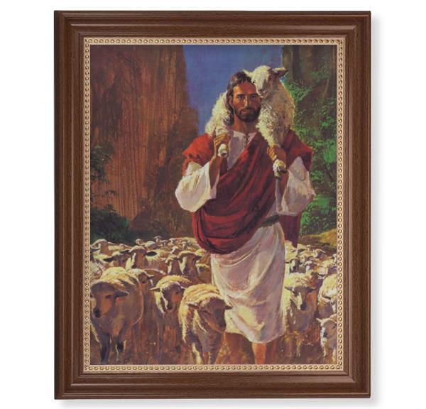 Hook: The Good Shepherd Picture, 13-1/2"x16-9/16 Walnut Finish Frame with Gold Beaded Lip, Textured Italian Print # 22283