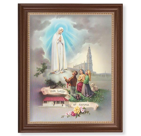 Our Lady of Fatima Picture, 13-1/2"x16-9/16 Walnut Finish Frame with Gold Beaded Lip, Textured Italian Print # 22331