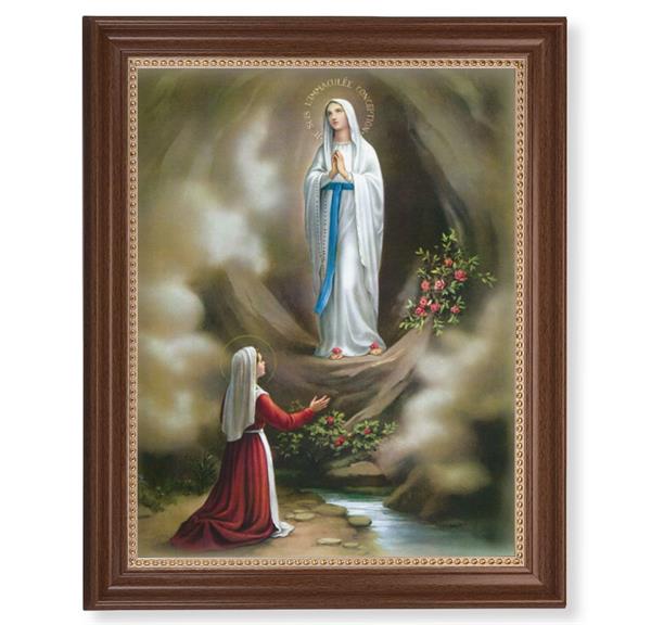 Our Lady of Lourdes Picture, 13-1/2"x16-9/16 Walnut Finish Frame with Gold Beaded Lip, Textured Italian Print # 22332