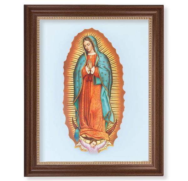 Our Lady of Guadalupe Picture, 13-1/2"x16-9/16 Walnut Finish Frame with Gold Beaded Lip, Textured Italian Print # 22339