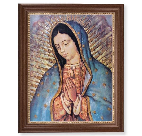 Our Lady of Guadalupe Picture, 13-1/2"x16-9/16 Walnut Finish Frame with Gold Beaded Lip, Textured Italian Print # 22340
