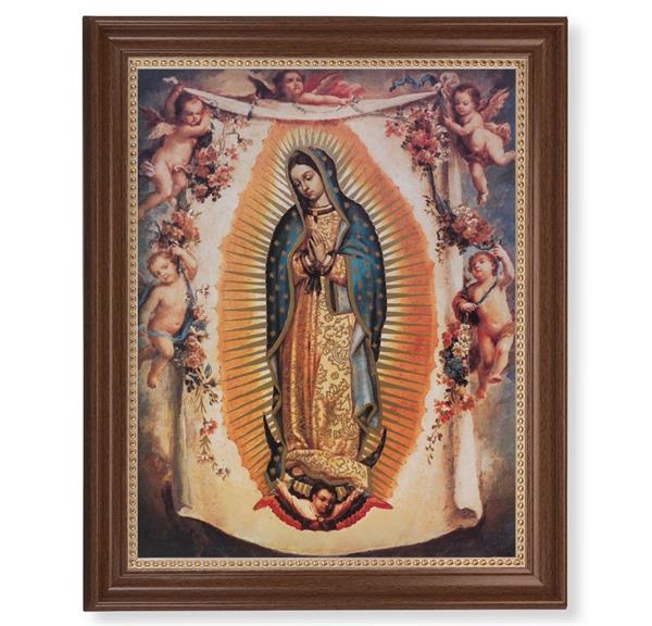 Our Lady of Guadalupe with Angels Picture, 13-1/2"x16-9/16 Walnut Finish Frame with Gold Beaded Lip, Textured Italian Print # 22341