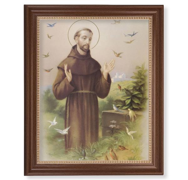 Saint Francis Picture, 13-1/2"x16-9/16 Walnut Finish Frame with Gold Beaded Lip, Textured Italian Print # 22345