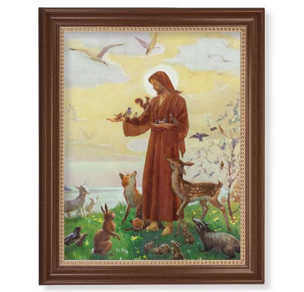 Our Lord with Animals Picture, 13-1/2"x16-9/16 Walnut Finish Frame with Gold Beaded Lip, Textured Italian Print # 22346