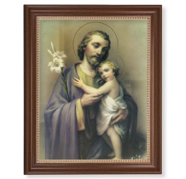 Saint Joseph Picture, 13-1/2"x16-9/16 Walnut Finish Frame with Gold Beaded Lip, Textured Italian Print # 22347
