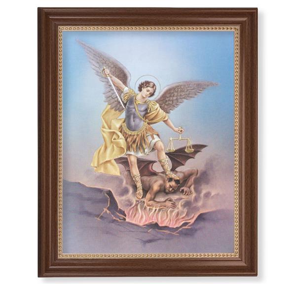 Saint Michael Picture, 13-1/2"x16-9/16 Walnut Finish Frame with Gold Beaded Lip, Textured Italian Print # 22349