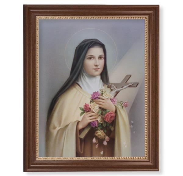 Saint Therese of Lisieux Picture, 13-1/2"x16-9/16 Walnut Finish Frame with Gold Beaded Lip, Textured Italian Print # 22350