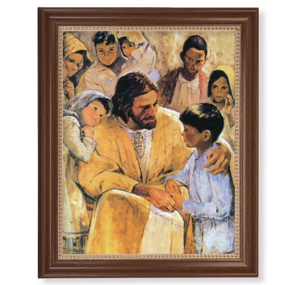 Hook: Christ with Children Picture, 13-1/2"x16-9/16 Walnut Finish Frame with Gold Beaded Lip, Textured Italian Print # 22354