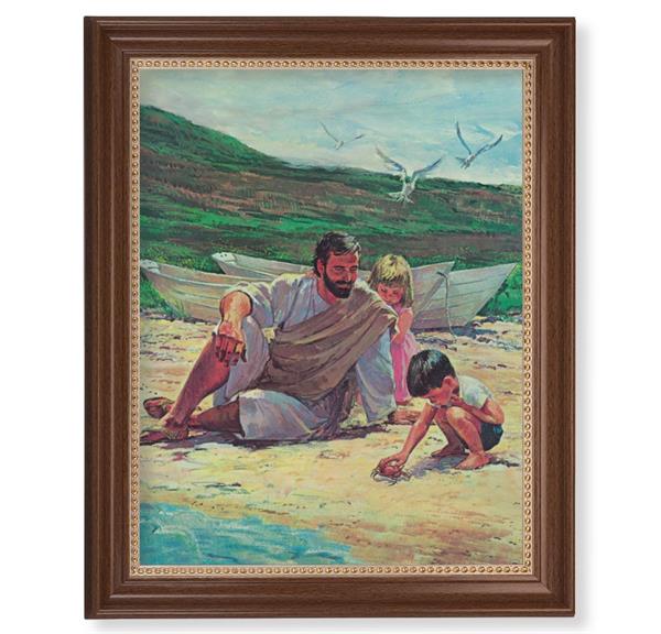 Hook: Jesus on The Beach with Children Picture, 13-1/2"x16-9/16 Walnut Finish Frame with Gold Beaded Lip, Textured Italian Print # 22356