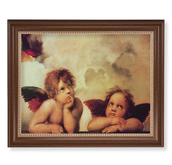 Raphael: Sistine Angels Picture, 13-1/2"x16-9/16 Walnut Finish Frame with Gold Beaded Lip, Textured Italian Print # 22360