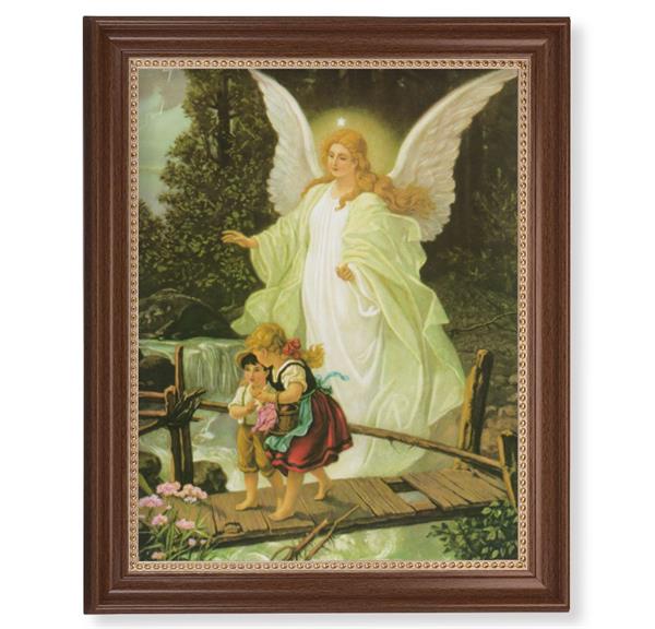Guardian Angel Picture, 13-1/2"x16-9/16 Walnut Finish Frame with Gold Beaded Lip, Textured Italian Print # 22361