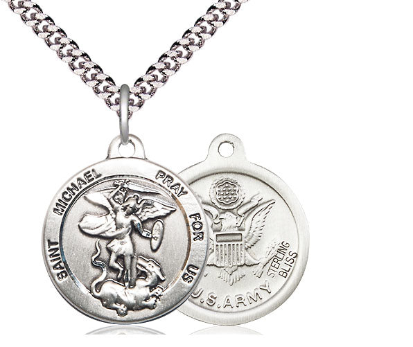 St. Michael / Army Medal, Sterling Silver, 3/4" dia., Your Choice of Chain, # 223
