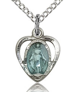 3/8" Miraculous Heart Medal , Blue Enamel, Sterling, Your Choice of Chain # 22918