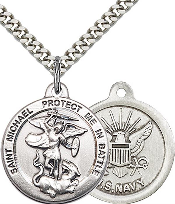St. Michael / Navy Medal, Sterling Silver, 3/4" dia., Your Choice of Chain, # 2310