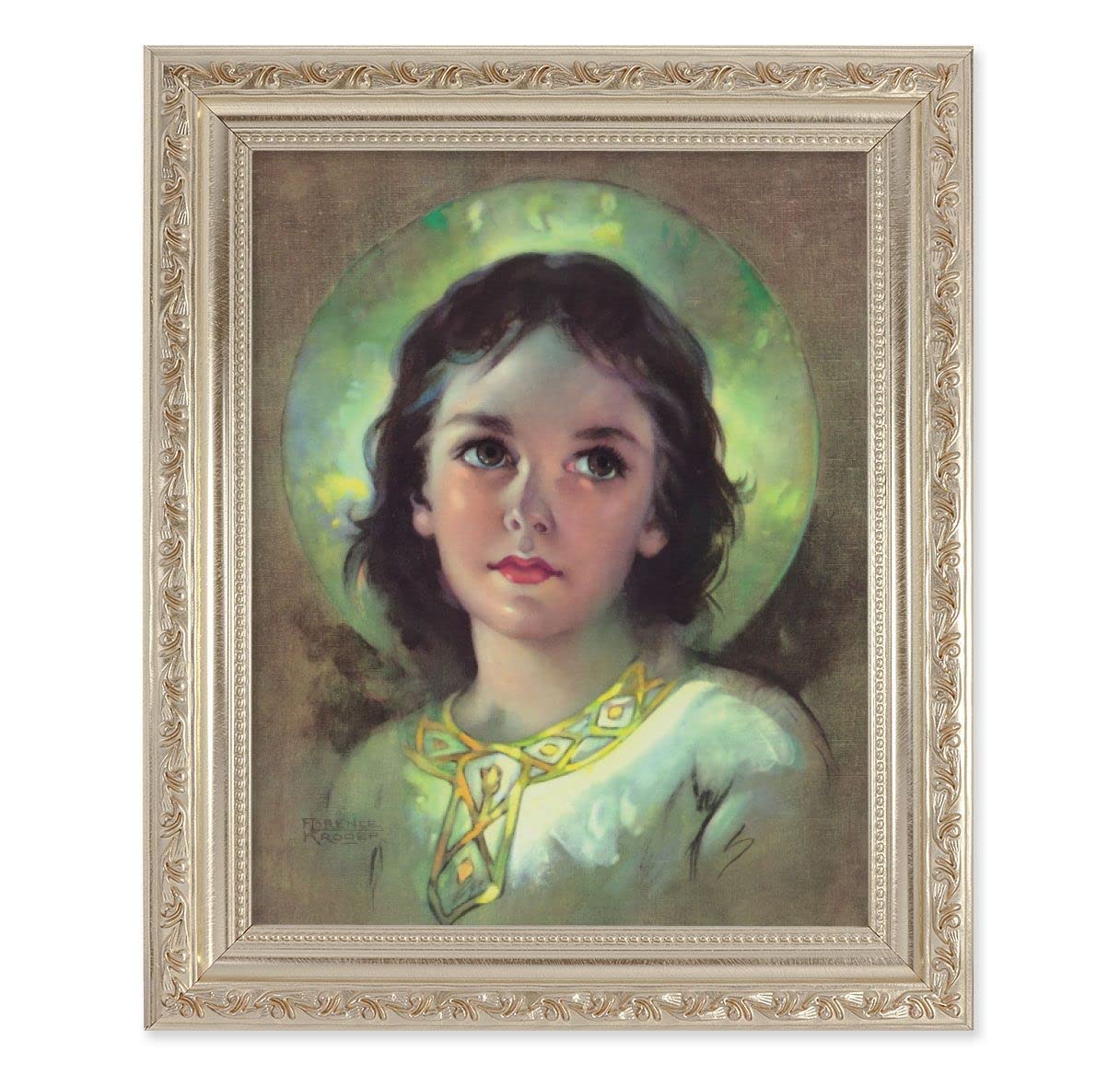The Child Jesus Picture, 10"x12" Antique Silver & Carved Scrollwork Frame, Italian Print Under Glass # 26933
