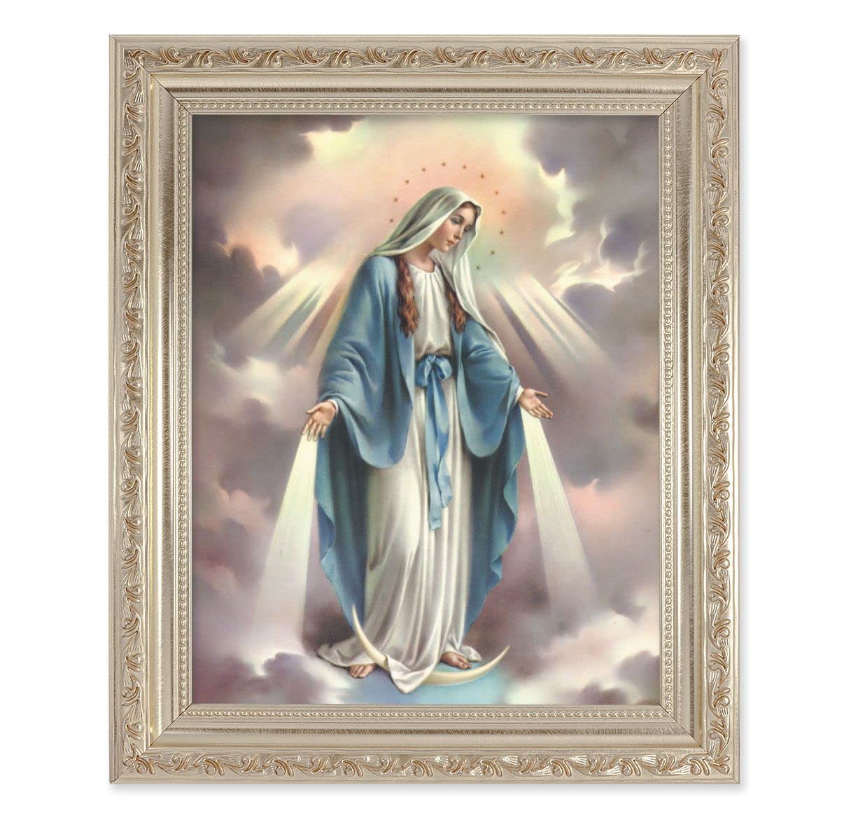 Our Lady of Grace, 10"x12" Antique Silver & Carved Scrollwork Frame, Italian Print Under Glass # 26787