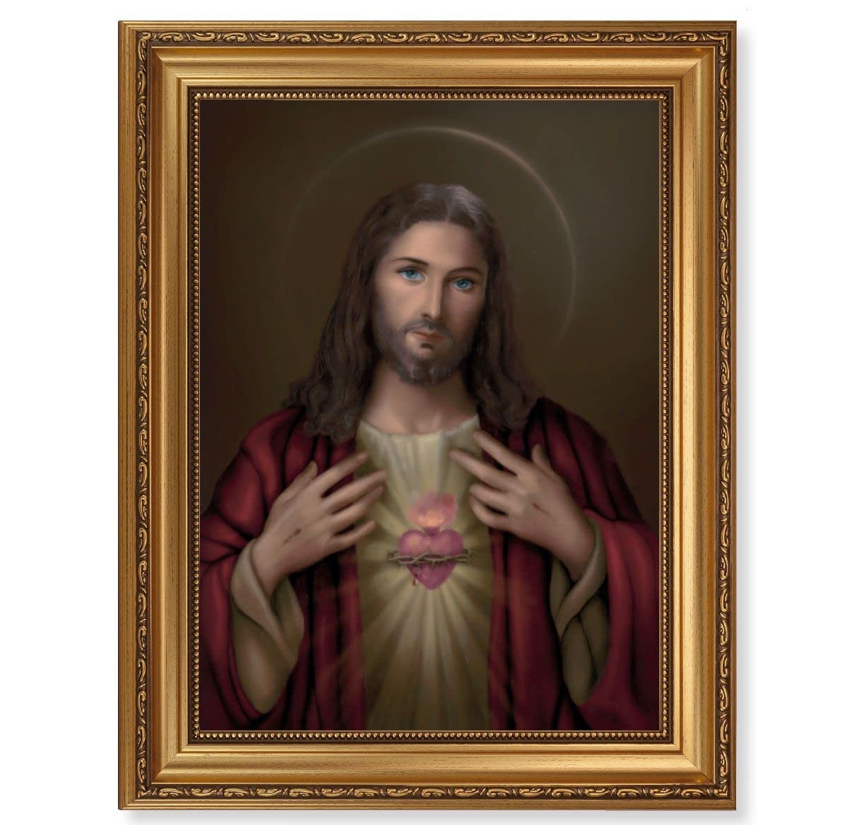Sacred Heart Picture, 15-1/2"x19-1/2 Antique Gold Leaf Frame, Acanthus-Leaf Trim, Beaded Lip, Textured Italian Print # 22176
