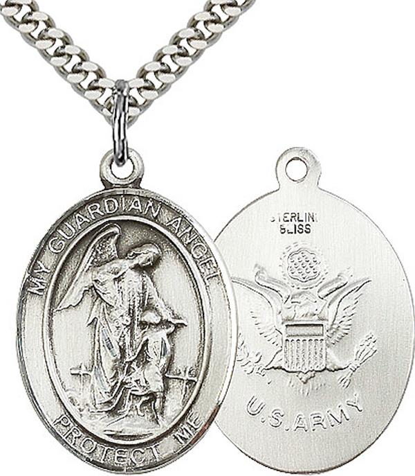 Guardian Angel / Army Medal, 3/4" tall, Sterling Silver, Your Choice of Chain, # 65737
