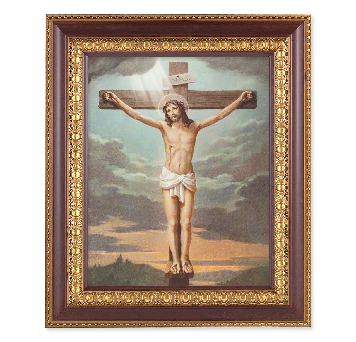 Crucifixion, 11-1/2"x13-1/2, Cherry Finish with Gold Egg & Dart Frame, Italian Print Under Glass # 25963