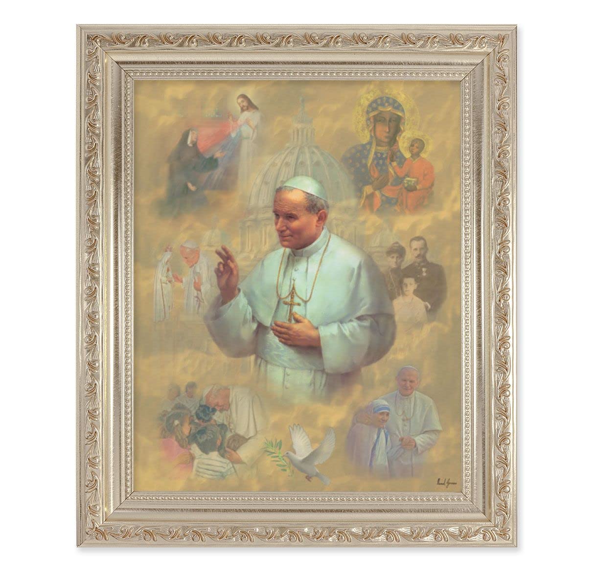 St. John Paul II Collage, 10"x12" Antique Silver & Carved Scrollwork Frame, Italian Print Under Glass # 26861