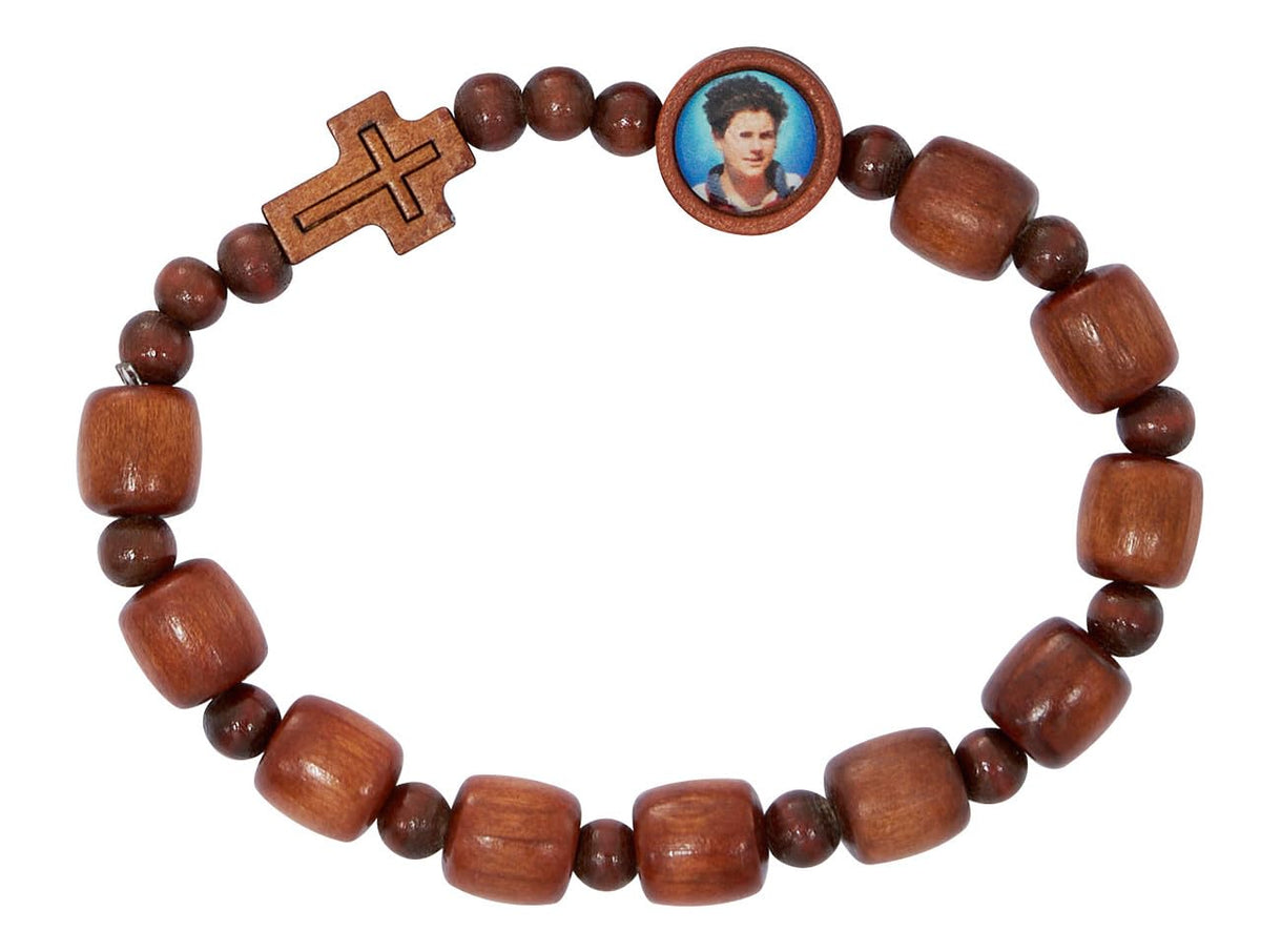 Carlo Acutis Stretch Rosary Bracelet, 9mm Brown Wood Beads, Photo Bead & Cross, 2-Count Value Pack # 2869