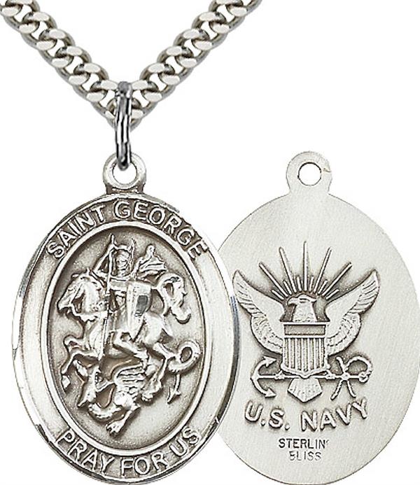 St. George / Navy Medal, 1" tall, Sterling Silver, Your Choice of Chain, # 2424