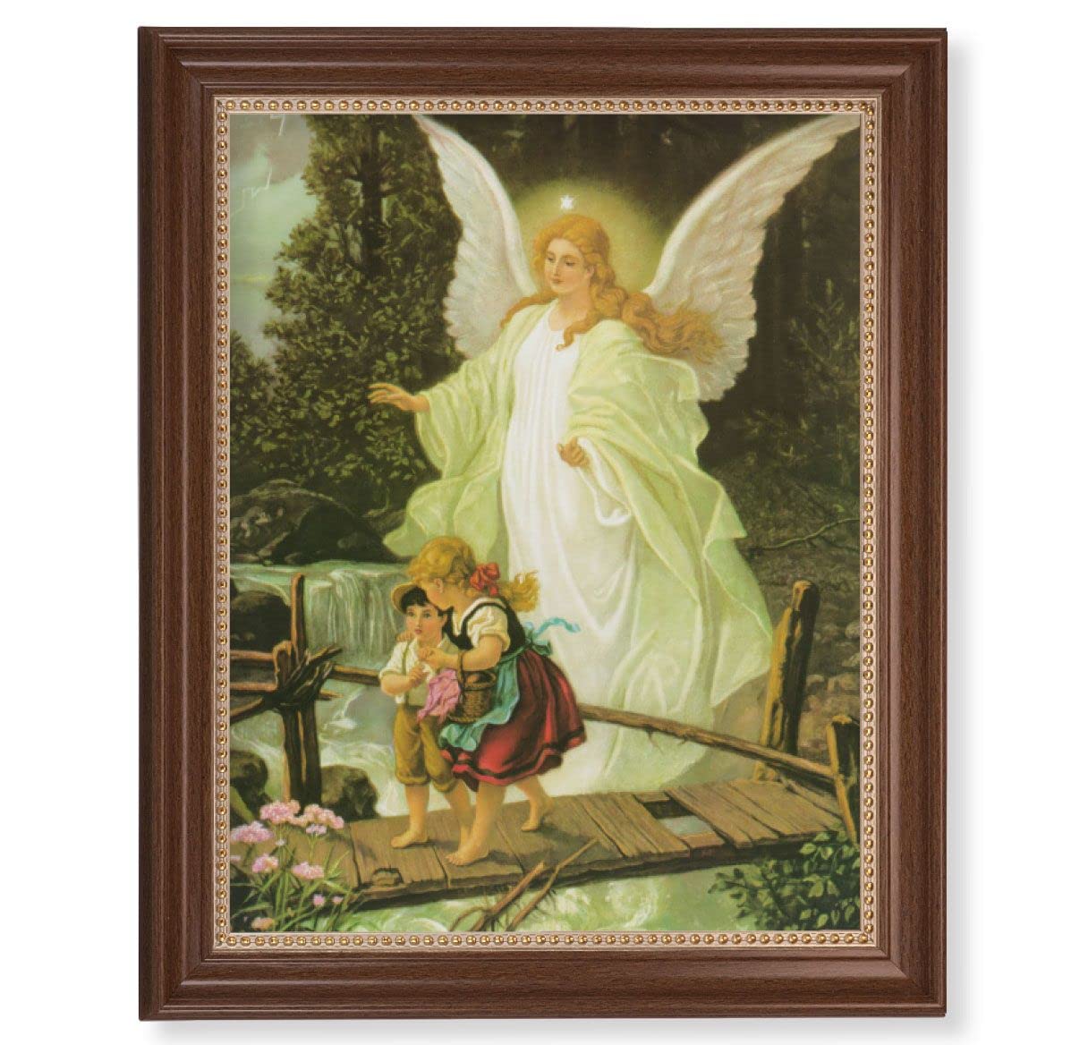 Guardian Angel Picture, 13-1/2"x16-9/16 Walnut Finish Frame with Gold Beaded Lip, Textured Italian Print # 22361
