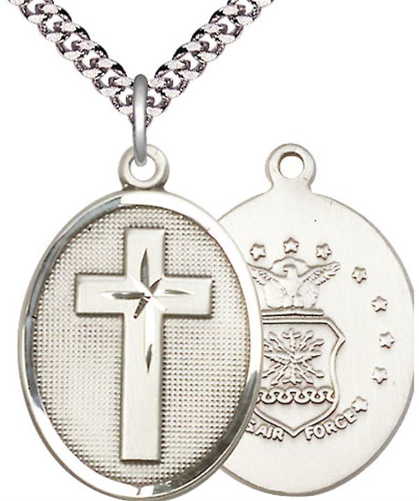 Oval Cross & Air Force Medal, 1" tall, Fine Pewter, Your Choice of Chain, # 2431