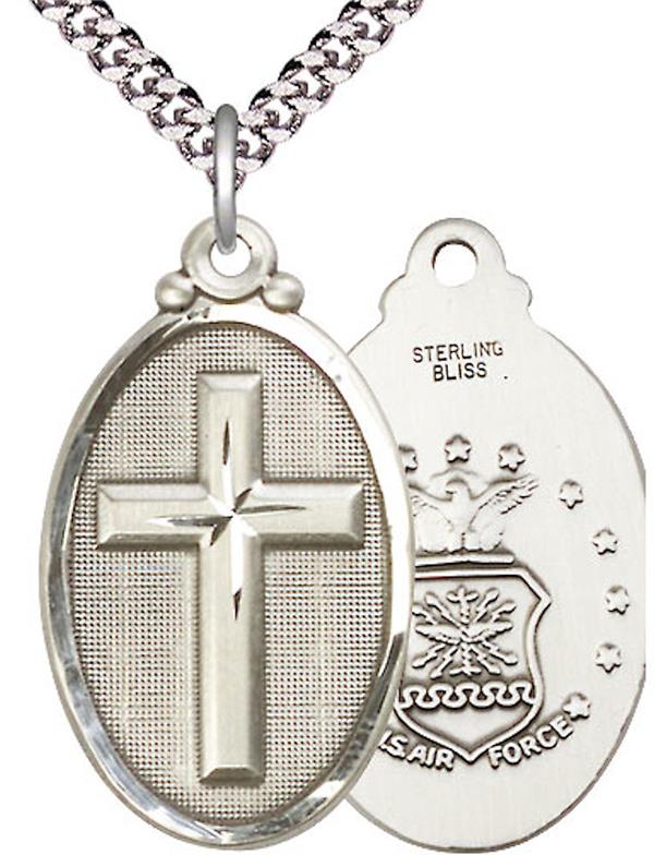 Air Force Oval Cross Medal, 1-1/8" tall, Sterling Silver, Your Choice of Chain, # 2448