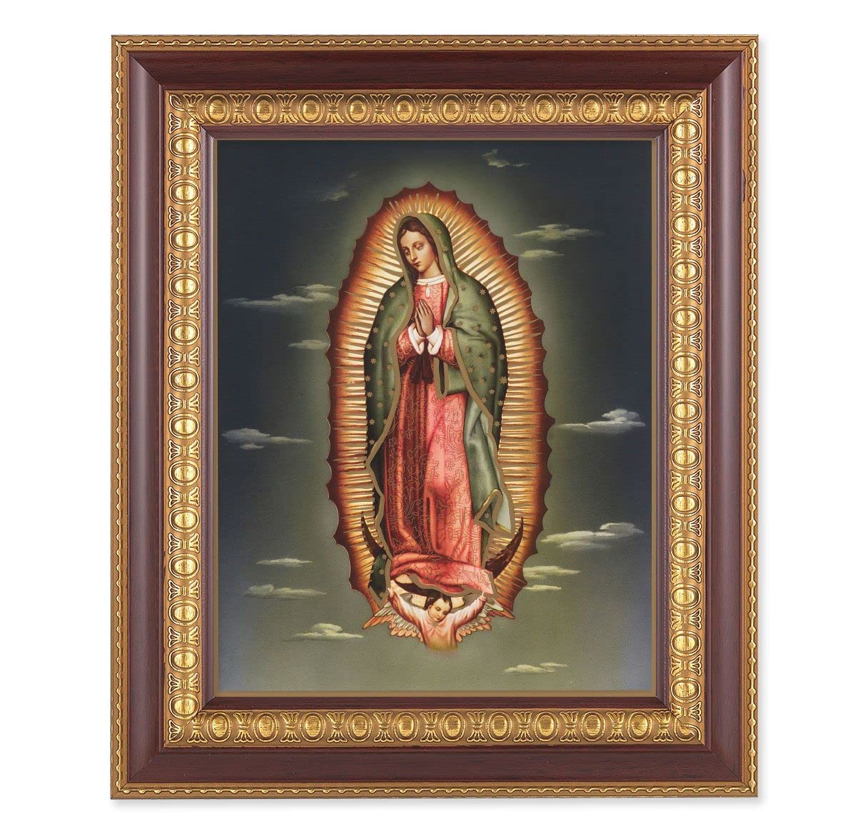 Our Lady of Guadalupe, 11-1/2"x13-1/2, Cherry Finish with Gold Egg & Dart Frame, Italian Print Under Glass # 26052